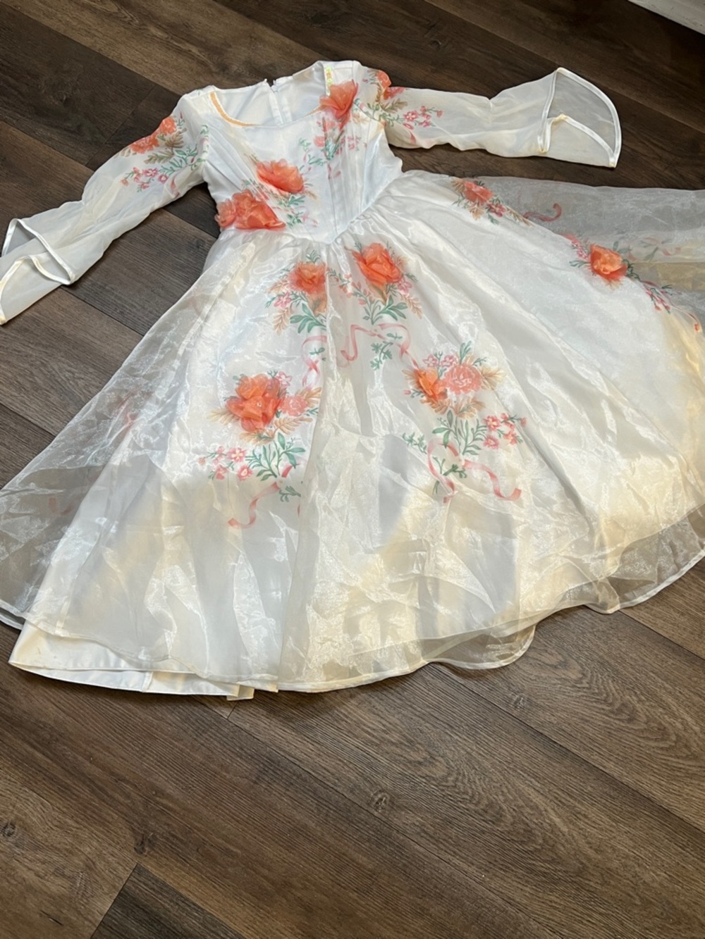 Bells wedding White Floral Organza Party Dress with Peach Appliqué Flowers